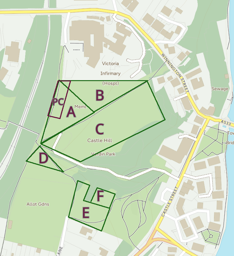 Ordnance Survey map of Verdin Park with flattish areas marked A to F, and the proposed car park marked PC