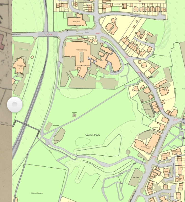 1850 Tithe Map boundaries overlaid on a modern map of Northwich, showing the Winnington Bank estate aligning with the current Verdin Park