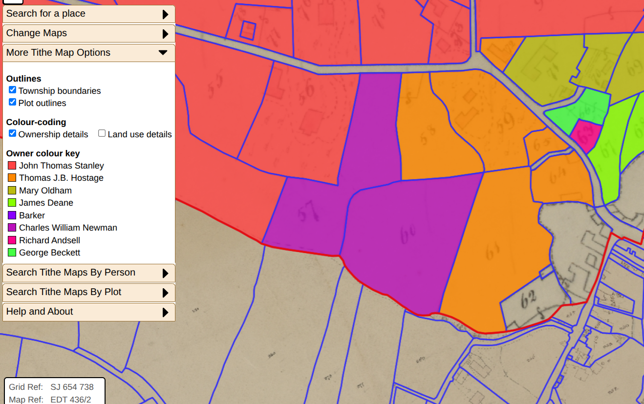 1850 Tithe Map ownership colour-coding showing Thomas J B Hostage as owner of Winnington Bank estate and the Newman family as owner of the adjoining western field
