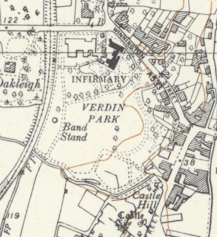 1954 Ordnance Survey map of Verdin Park, Northwich, showing the park boundary and bandstand both intact after the Second World War