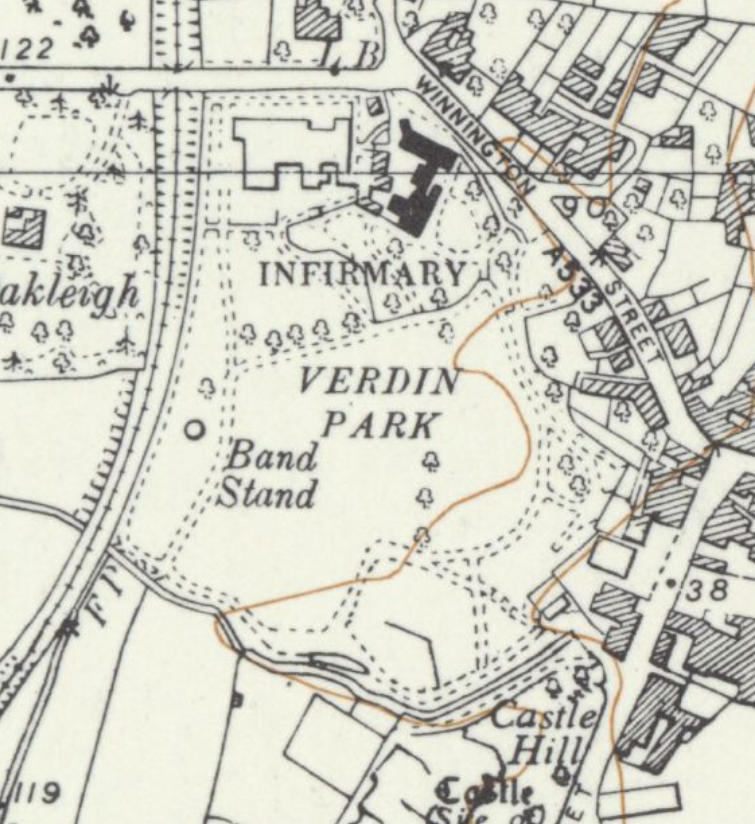 1961 Ordnance Survey map of Verdin Park, Northwich — bandstand and western boundary both intact