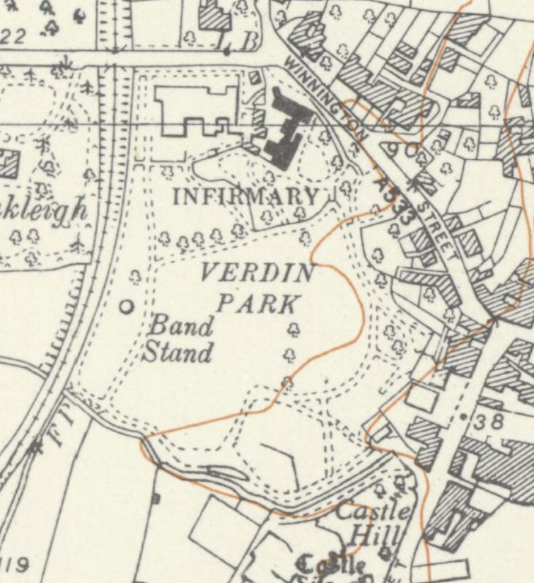 1970 Ordnance Survey map of Verdin Park — the last OS map to show the bandstand and the park's original western boundary intact