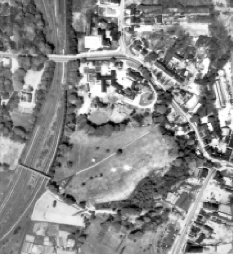 1973 aerial photograph showing the hospital car park under construction on former Verdin Park land