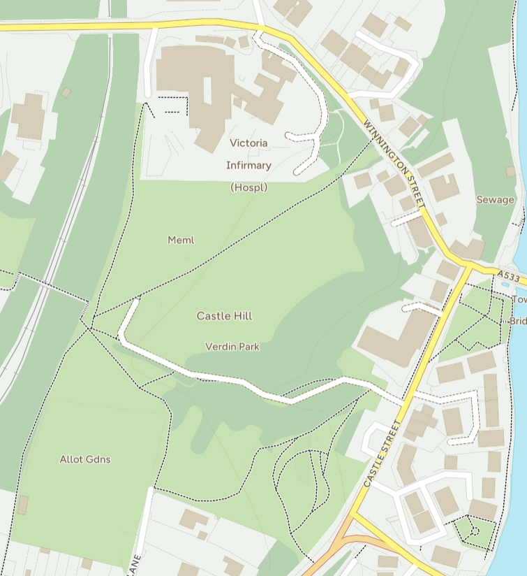 2026 Ordnance Survey map showing how much of Verdin Park has been lost to the hospital and car parking